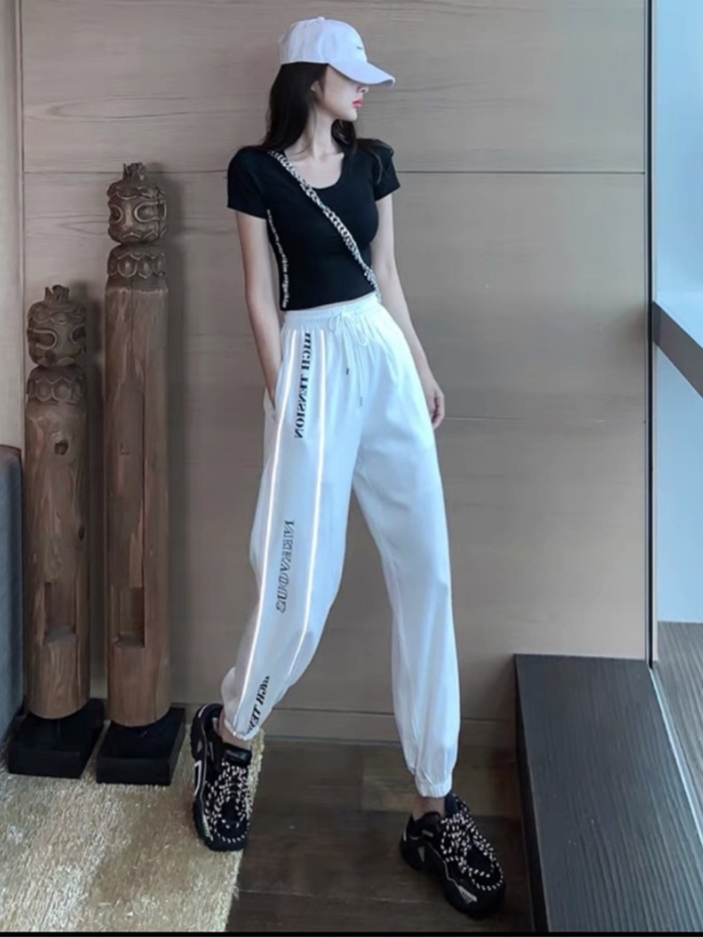 Black Ribbed Top & White High-Waist Jogger Pants Set